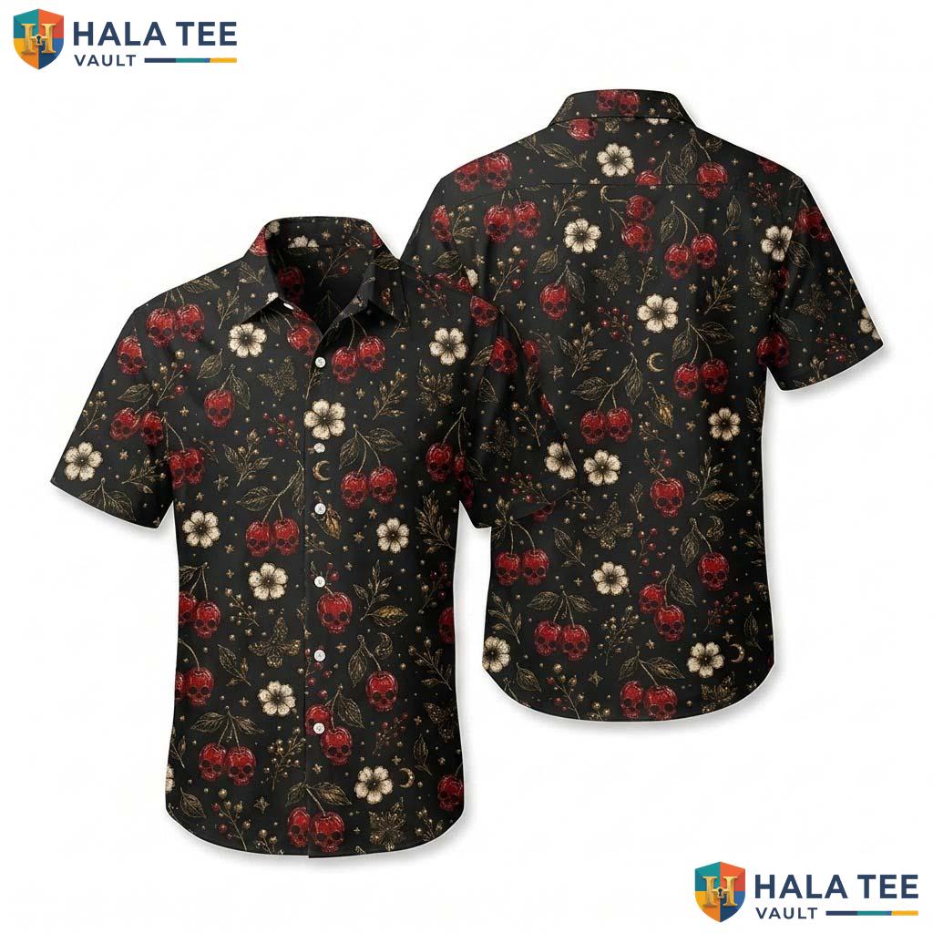 Cherry Skull Halloween Hawaiian Shirt Gothic Floral Summer Aloha Top