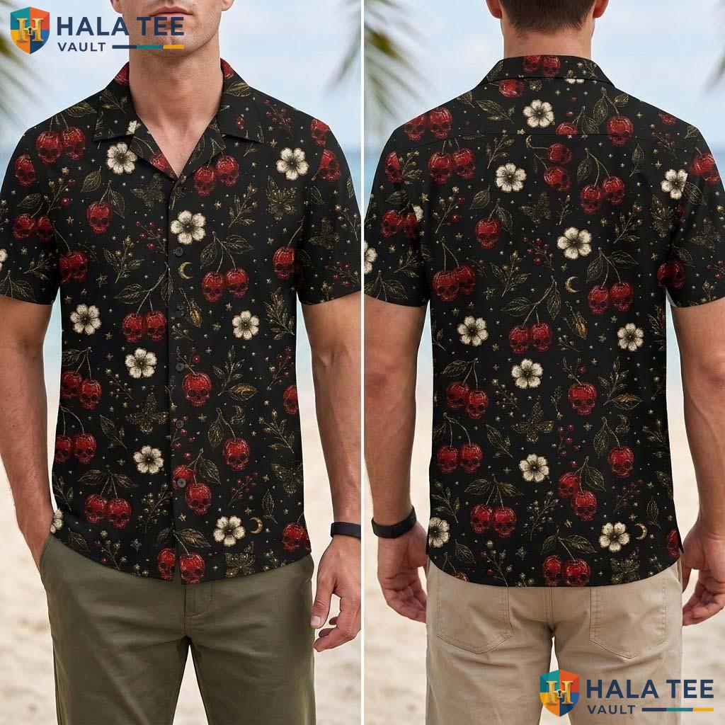 Cherry Skull Halloween Hawaiian Shirt Gothic Floral Summer Aloha Top Adult