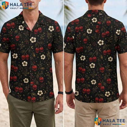 Cherry Skull Halloween Hawaiian Shirt Gothic Floral Summer Aloha Top Adult