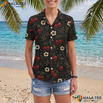 Cherry Skull Halloween Hawaiian Shirt Gothic Floral Summer Aloha Top Adult
