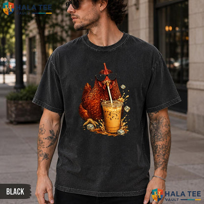 Chicken Drinking Coffee Washed T-Shirt Funny Iced Coffee Art Graphic Top