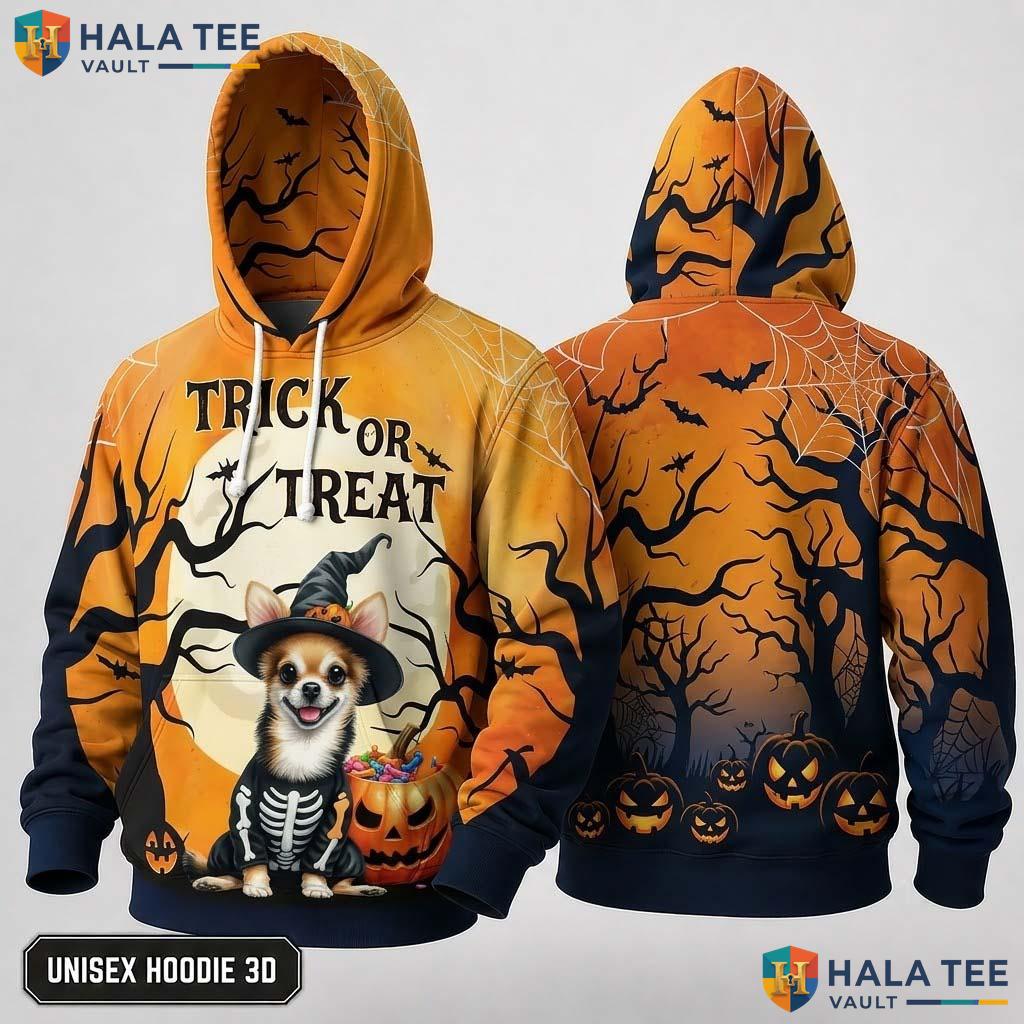 Chihuahua Candy Bucket 3D Hoodie Funny Skeleton Trick Or Treat Top