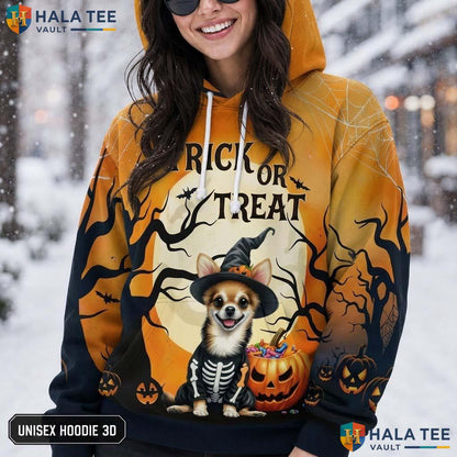 Chihuahua Candy Bucket 3D Printed Hoodie Funny Skeleton Trick Or Treat Top