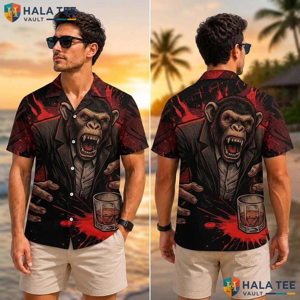 Chimpanzee Black Suit Tropical Shirt Funny Graphic Casual Button Down Apparel