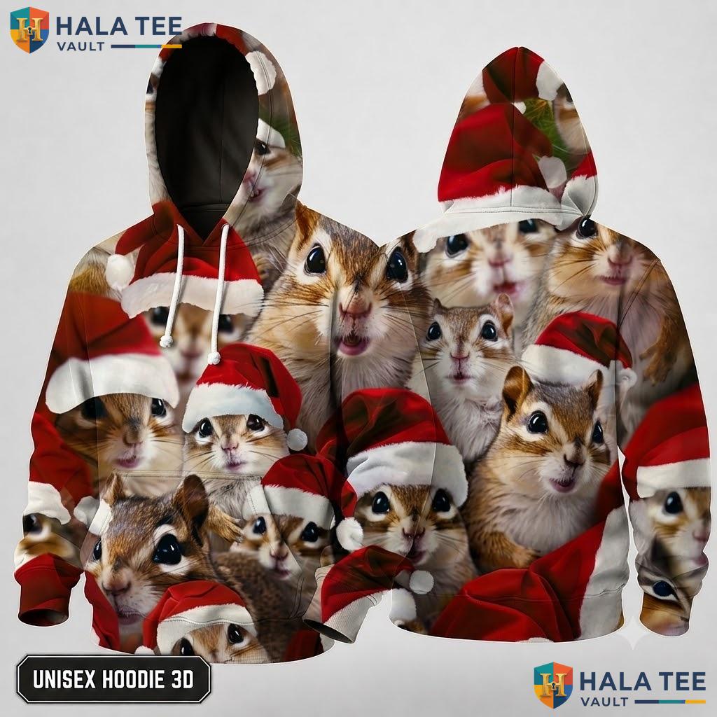 Chipmunk Santa Hat Christmas 3D Hoodie Funny Festive Pullover Top