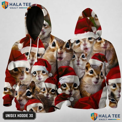 Chipmunk Santa Hat Christmas 3D Hoodie Funny Festive Pullover Top