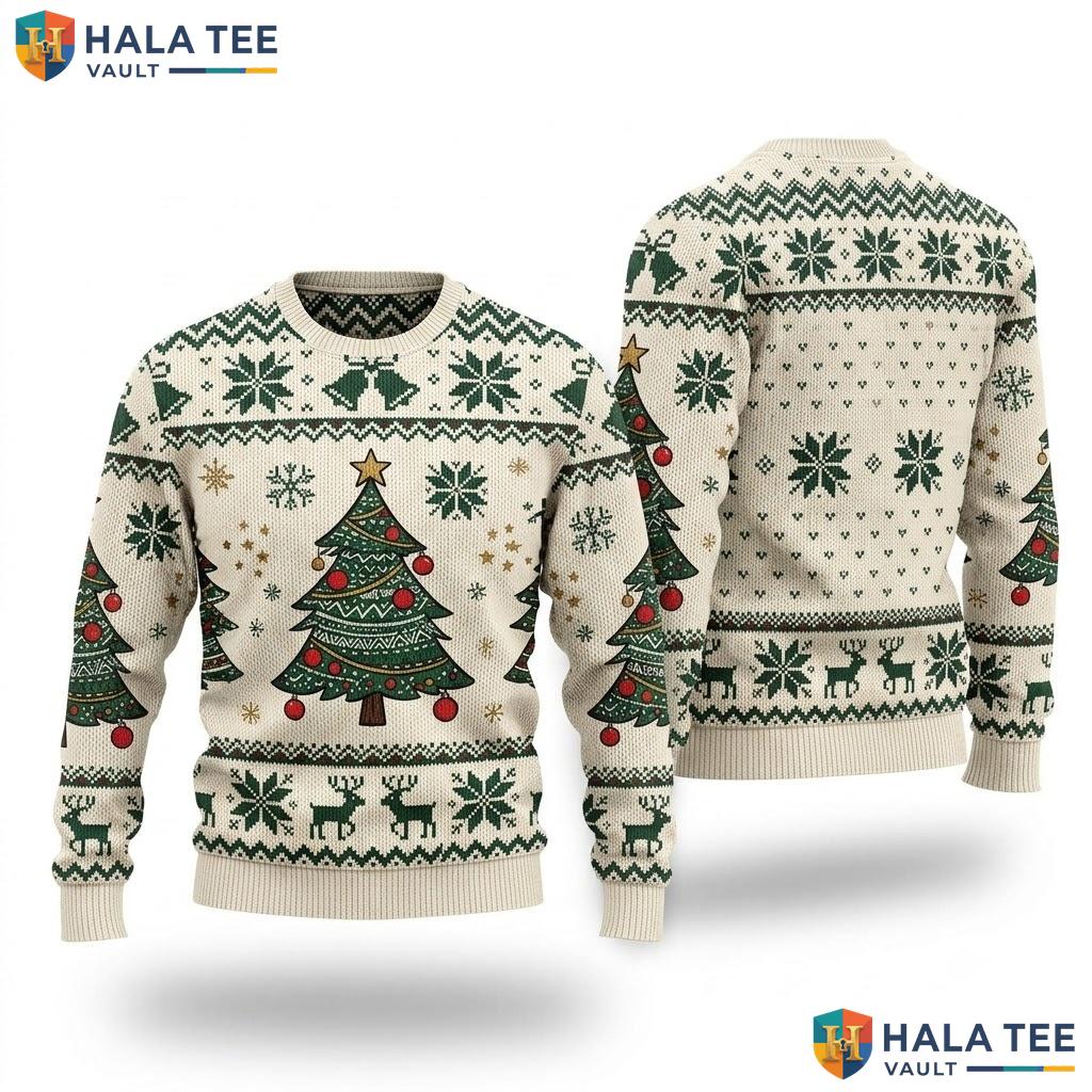 Christmas Tree Beige Reindeer Sweater Vintage Graphic Snowflake Holiday