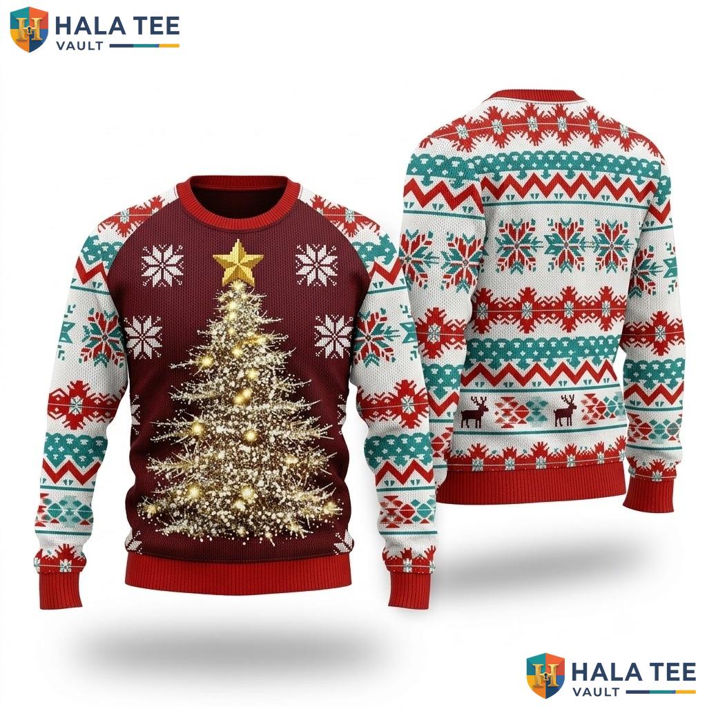 Christmas Tree Maroon Reindeer Christmas Sweater Retro Festive Snowflake