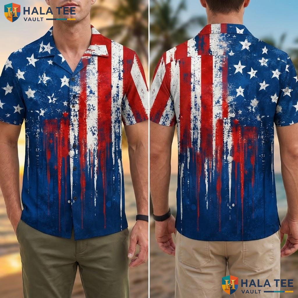 Classic American Flag Hawaiian Shirt Patriotic Summer Beach Button Down Top Adult