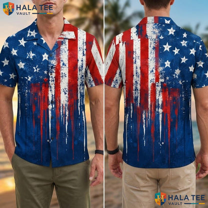 Classic American Flag Hawaiian Shirt Patriotic Summer Beach Button Down Top Adult