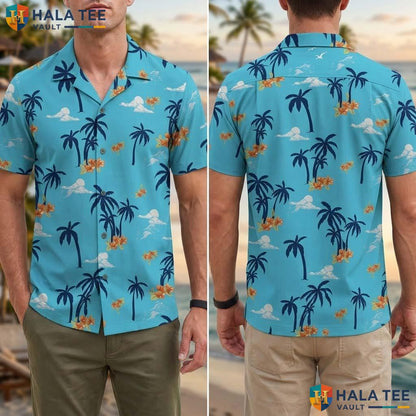 Classic Blue Mens Tropical Shirt Short Sleeve Beach Vacation Button Down