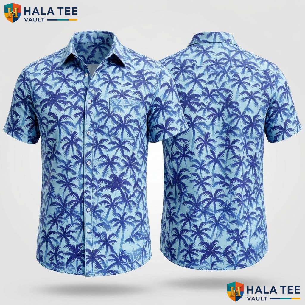 Classic Blue Palm Aloha Shirt Mens Tropical Casual Summer Beachwear Top