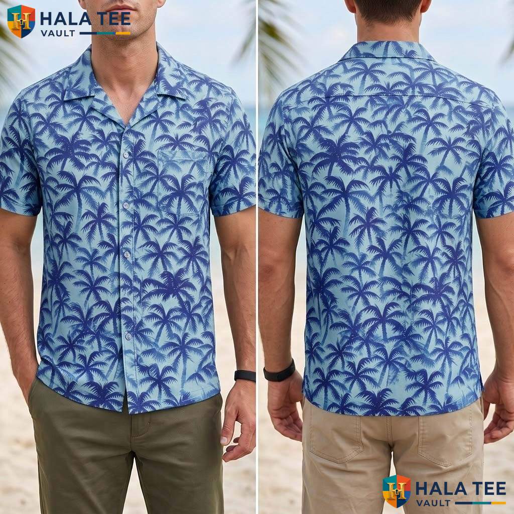 Classic Blue Palm Aloha T-Shirt Mens Tropical Casual Summer Beachwear Top