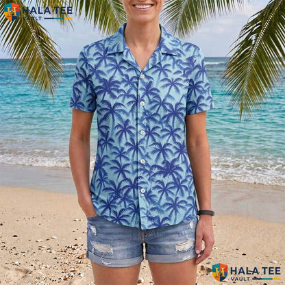 Classic Blue Palm Aloha TShirt Mens Tropical Casual Summer Beachwear Top