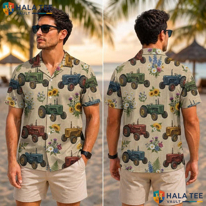 Classic Casual Farm Life Tropical Shirt Mens Aloha Button Down Summer