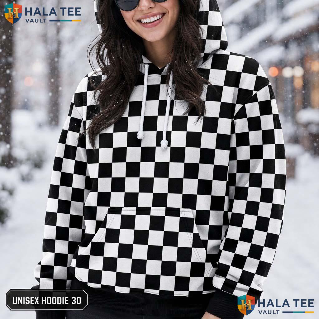 Classic Checkered 3D Printed Hoodie Trendy Black White Casual Streetwear Top