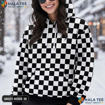 Classic Checkered 3D Printed Hoodie Trendy Black White Casual Streetwear Top