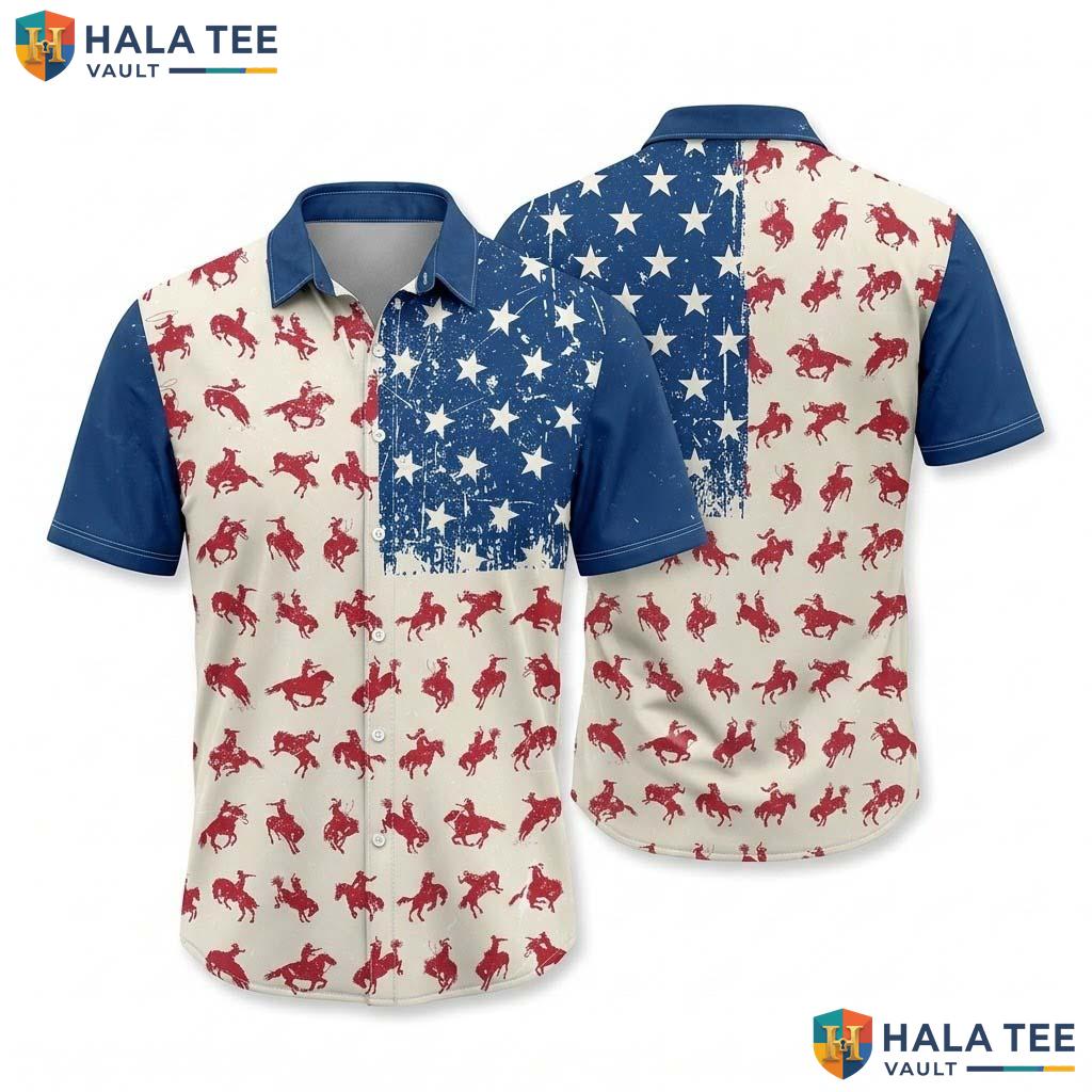 Classic Cowboy Horse Hawaiian Shirt Blue Red Mens Summer Beach Button Down
