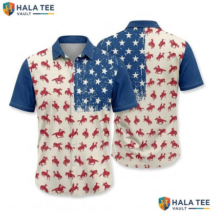 Classic Cowboy Horse Hawaiian Shirt Blue Red Mens Summer Beach Button Down