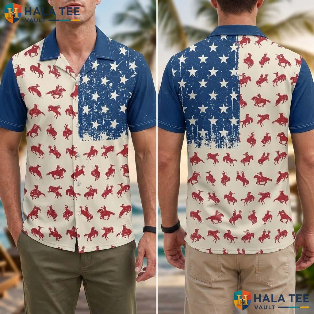 Classic Cowboy Horse Hawaiian Shirt Blue Red Mens Summer Beach Button Down Adult