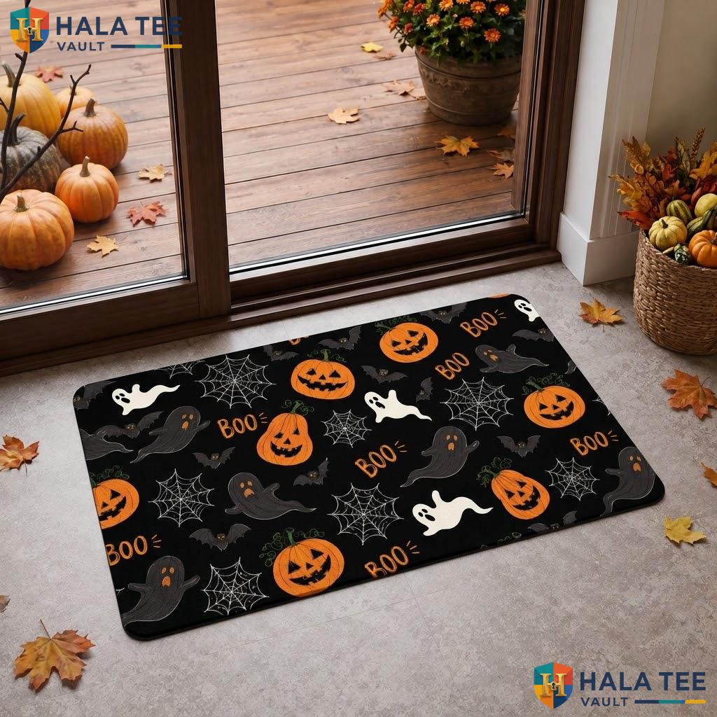 Classic Fall Halloween Doormat Pumpkin Black Cat Faux Coir Front Porch Rug