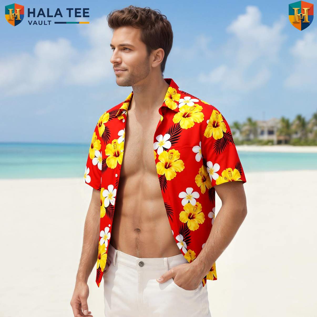 Classic Floral Palm Aloha Tee Shirt Mens Tropical Resort Button Down Holiday Top