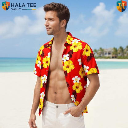 Classic Floral Palm Aloha Tee Shirt Mens Tropical Resort Button Down Holiday Top
