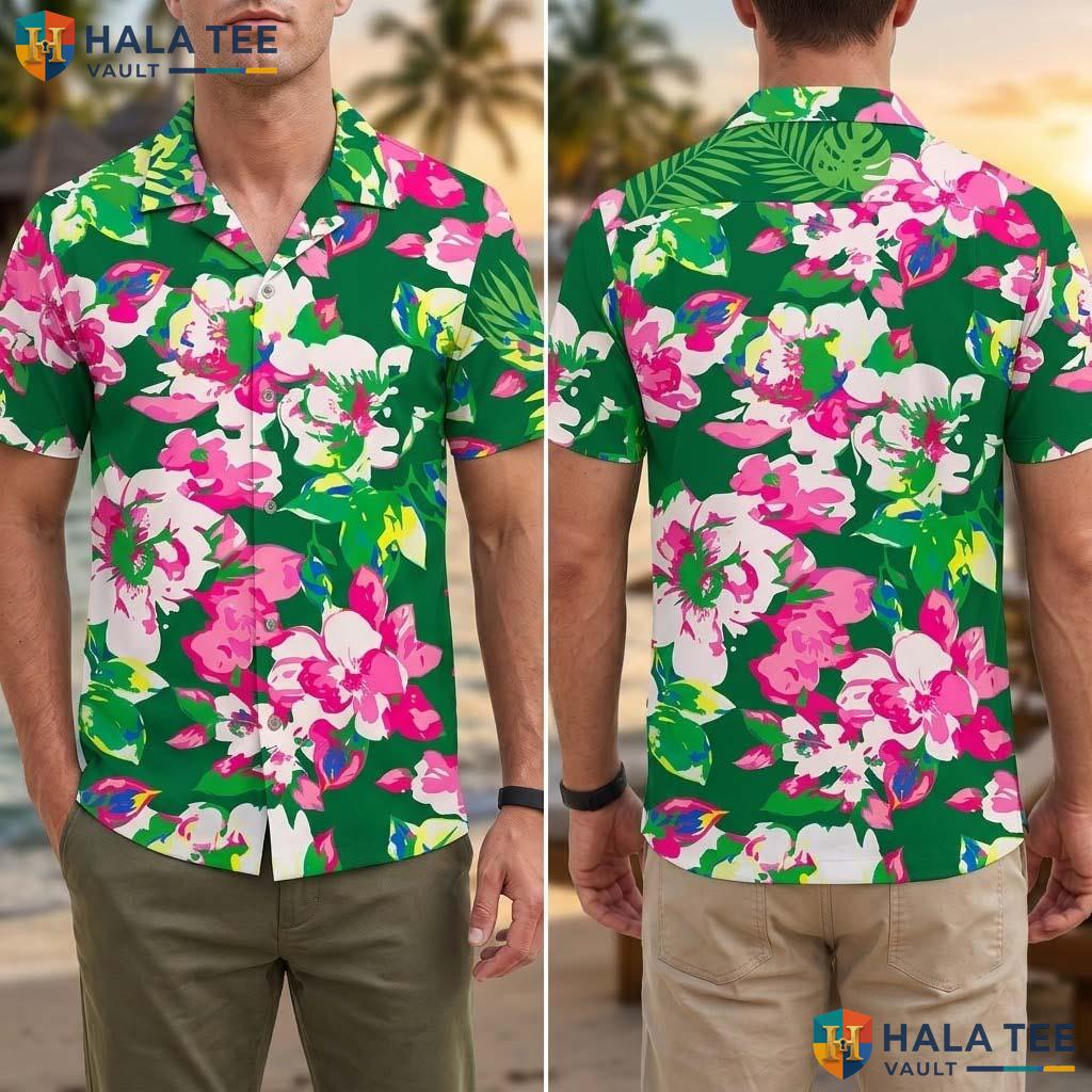 Classic Green Mens Tropical Shirt Short Sleeve Aloha Vacation Button Up