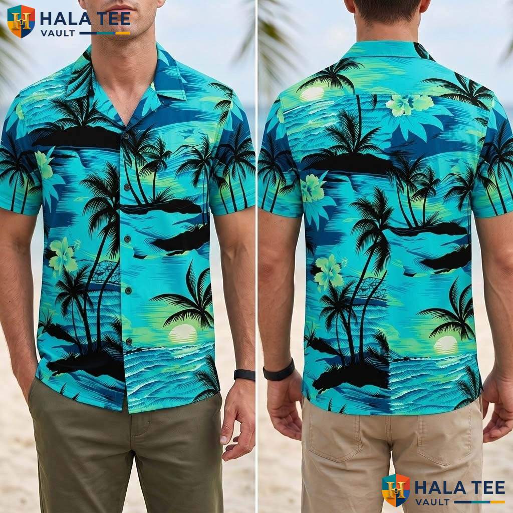 Classic Green Palm Aloha T-Shirt Mens Tropical Button Down Summer Beach Top