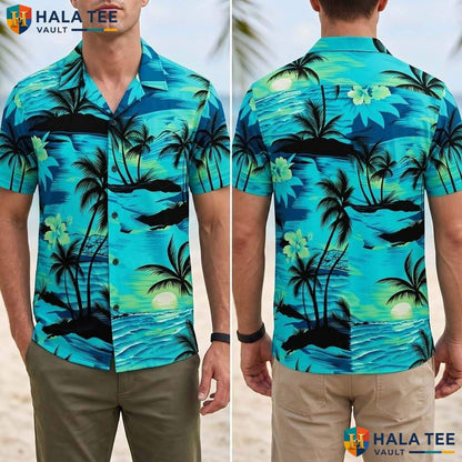 Classic Green Palm Aloha T-Shirt Mens Tropical Button Down Summer Beach Top