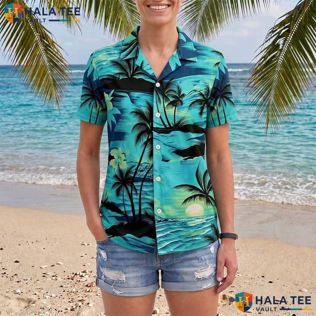 Classic Green Palm Aloha TShirt Mens Tropical Button Down Summer Beach Top