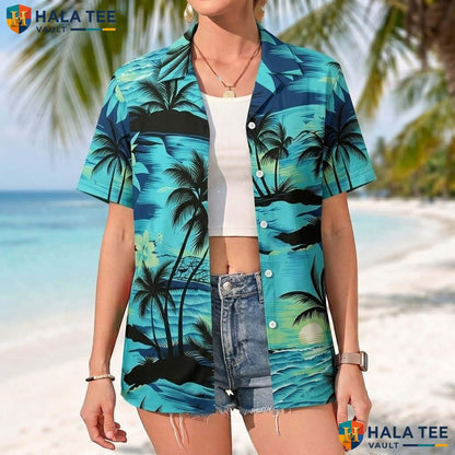 Classic Green Palm Aloha Tee Mens Tropical Button Down Summer Beach Top