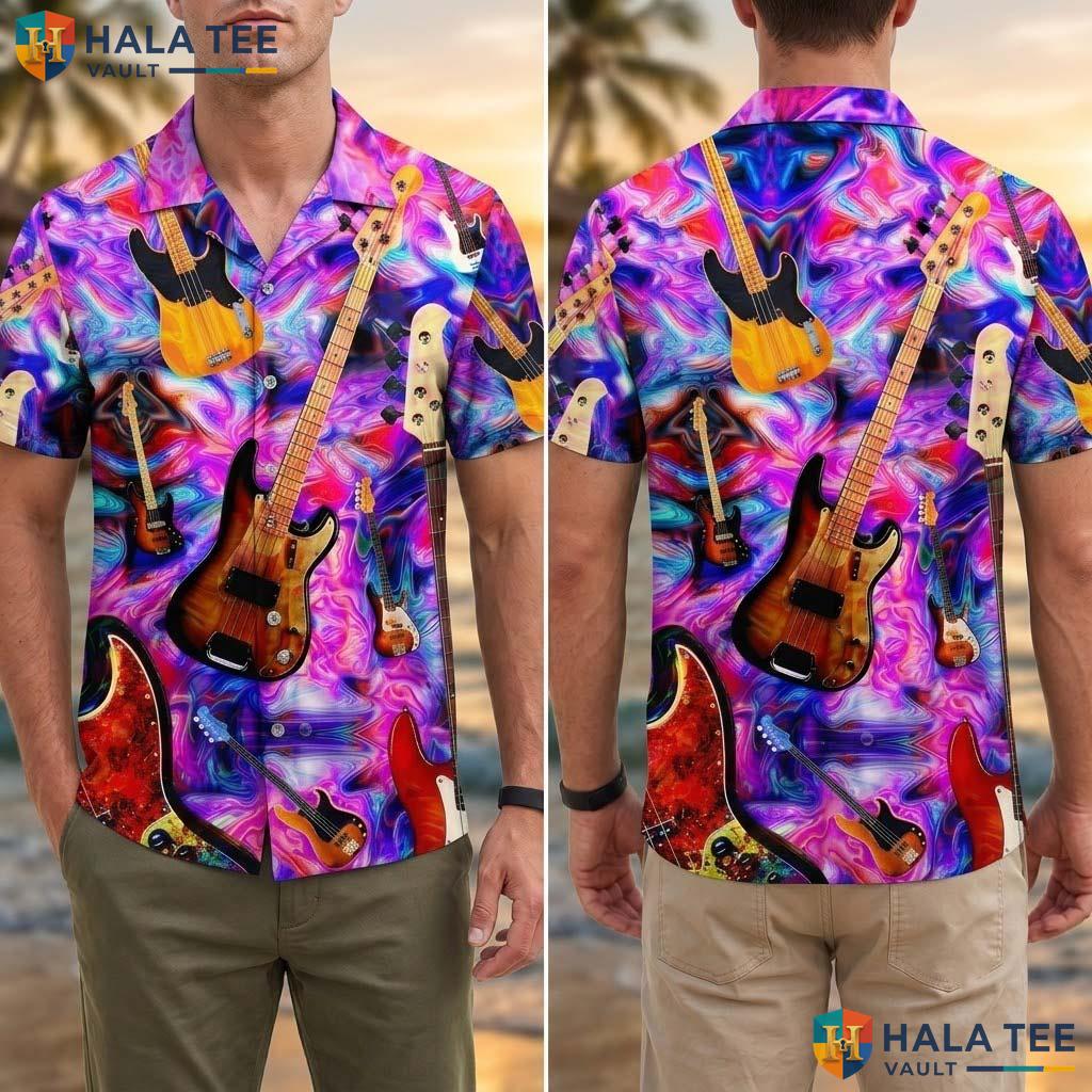 Classic Guitar Lover Tropical Shirt Vibrant Music Note Casual Button Down