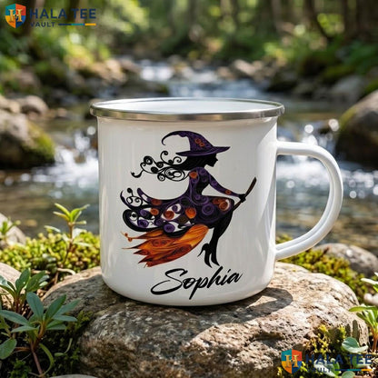 Classic Halloween Witch Ceramic Mug Custom Name Silhouette Coffee Accent Mug