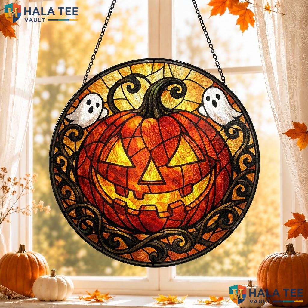 Classic Jack O Lantern Stained Glass Suncatcher, Gothic Pumpkin Decor For Halloween