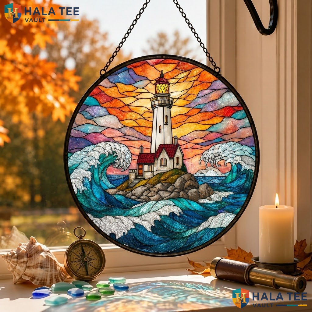 Classic Lighthouse Halloween Stained Glass Suncatcher Vibrant Coastal Room Art
