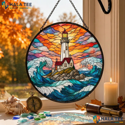 Classic Lighthouse Halloween Stained Glass Suncatcher Vibrant Coastal Room Art
