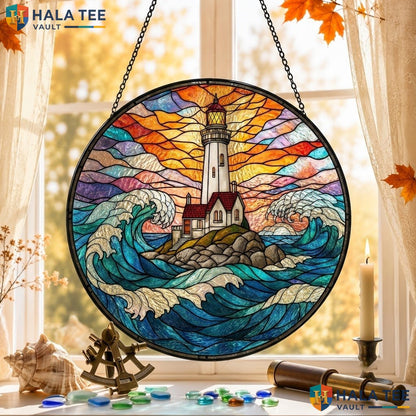 Classic Lighthouse Halloween Stained Glass Suncatcher Vibrant Coastal Room Art Adult