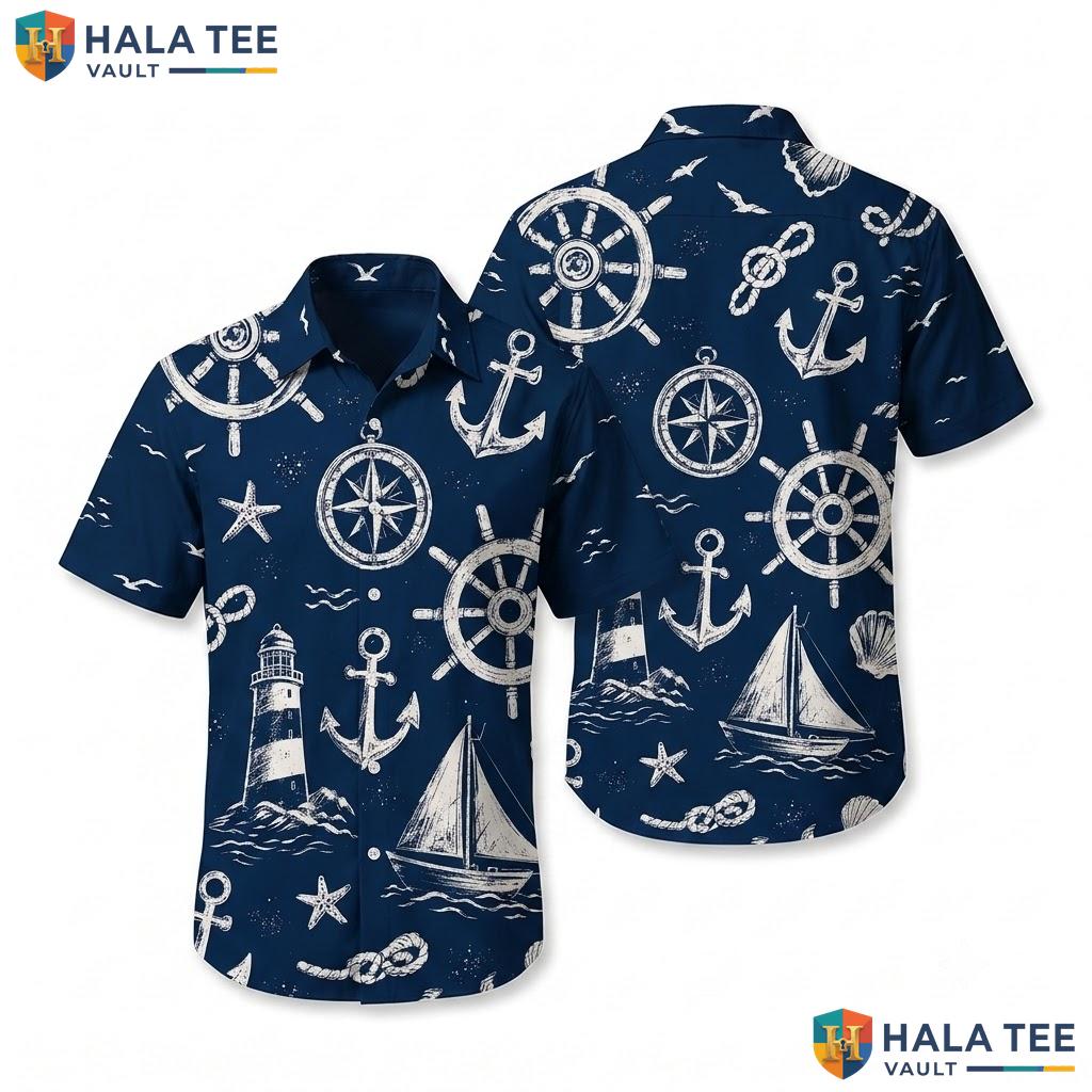 Classic Nautical Hawaiian Shirt Dark Blue Sailing Boat Casual Button Down