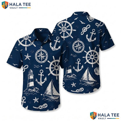 Classic Nautical Hawaiian Shirt Dark Blue Sailing Boat Casual Button Down