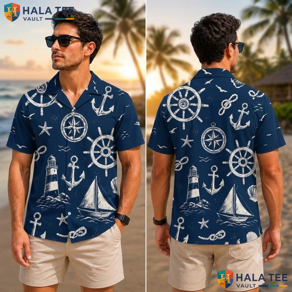 Classic Nautical Hawaiian Shirt Dark Blue Sailing Boat Casual Button Down Adult