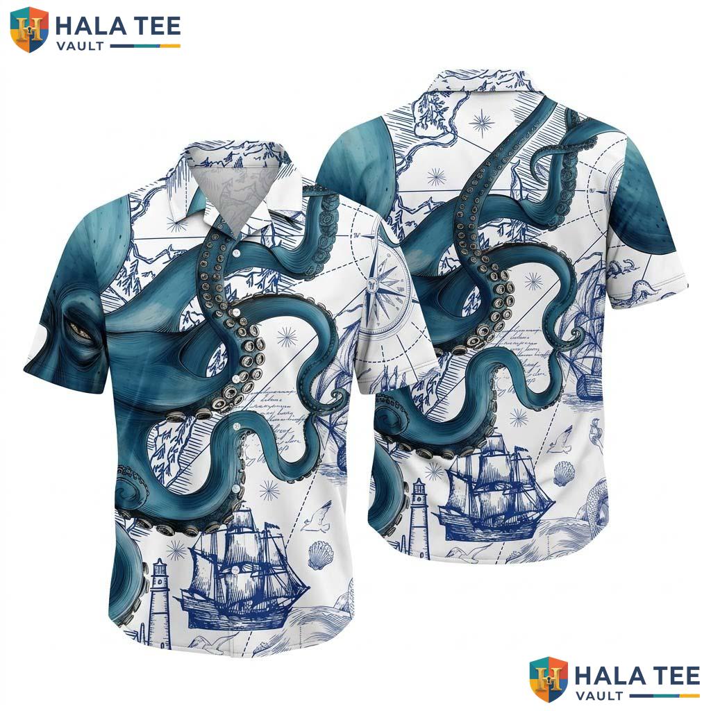 Classic Octopus Nautical Hawaiian Shirt Vibrant Blue Marine Life Button Down