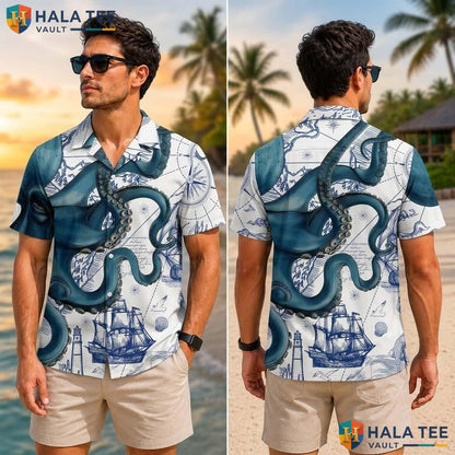 Classic Octopus Nautical Tropical Shirt Vibrant Blue Marine Life Button Down