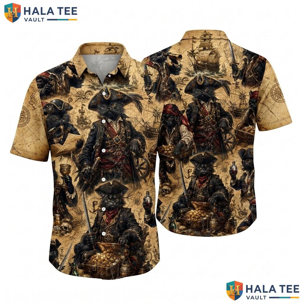 Classic Pirate Cat Hawaiian Shirt Black Motif Treasure Design Summer Top