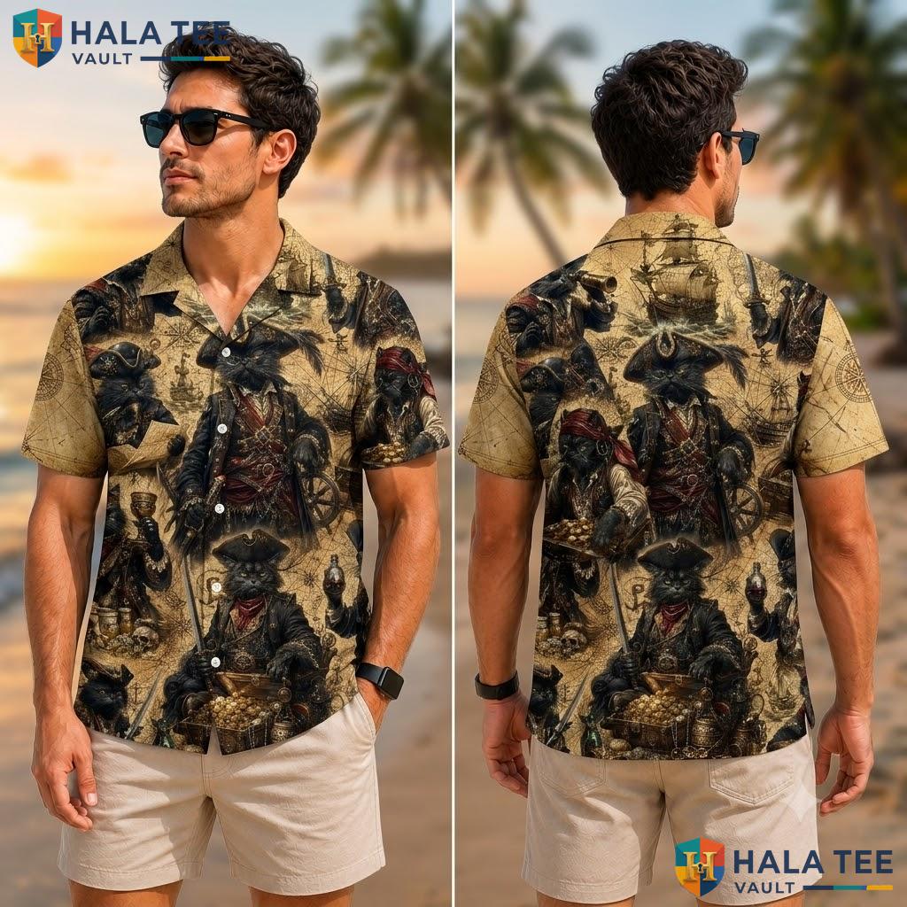 Classic Pirate Cat Hawaiian Shirt Black Motif Treasure Design Summer Top Adult