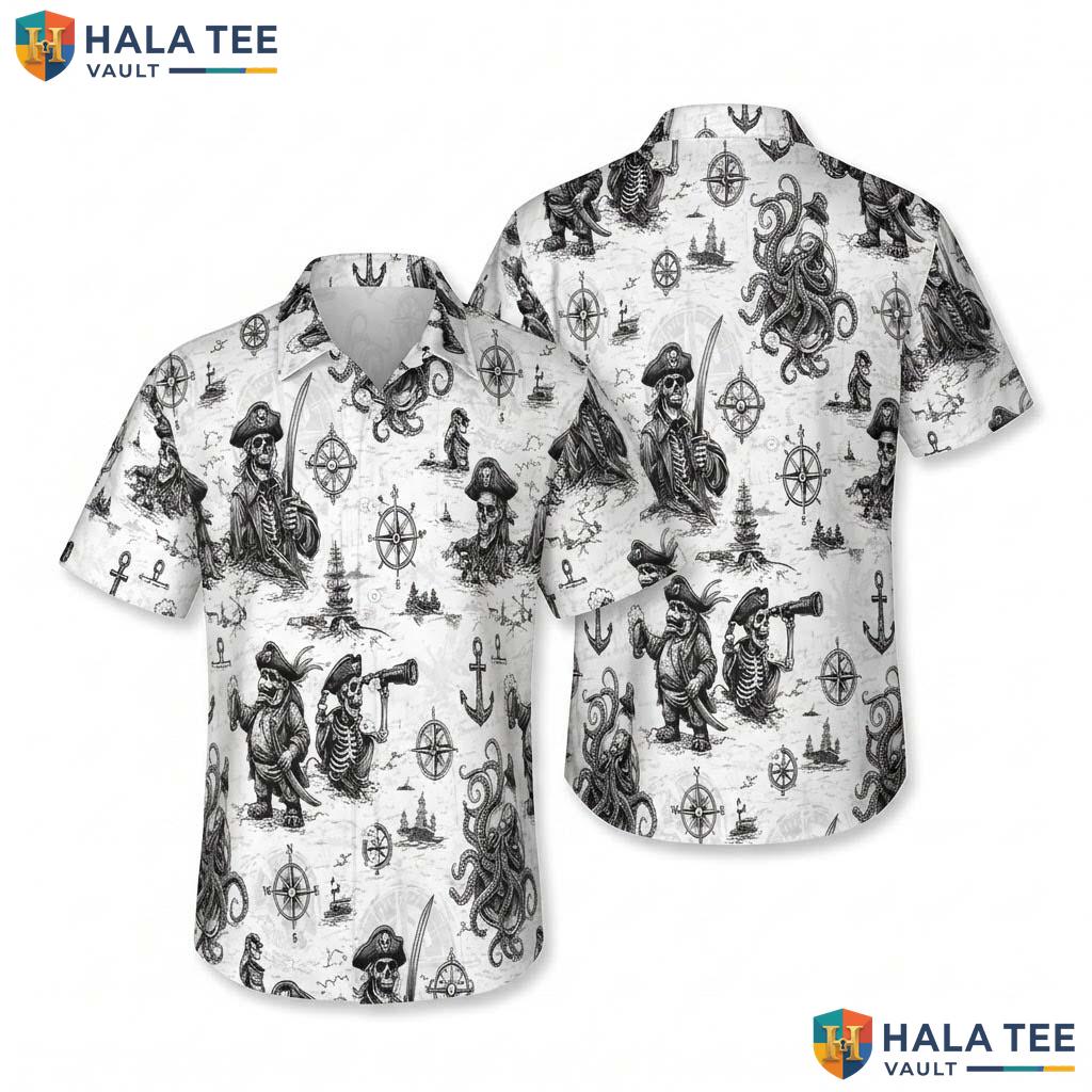 Classic Pirate Graphic Hawaiian Shirt Mens Button Down Nautical Design Top
