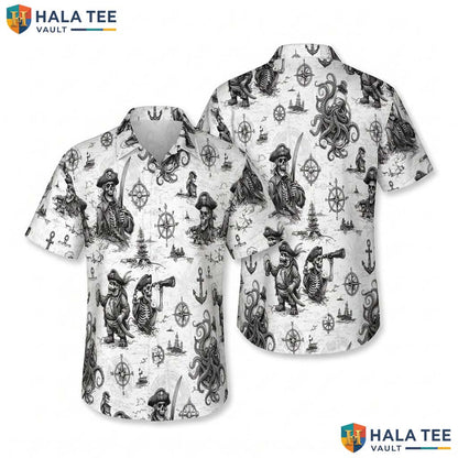 Classic Pirate Graphic Hawaiian Shirt Mens Button Down Nautical Design Top