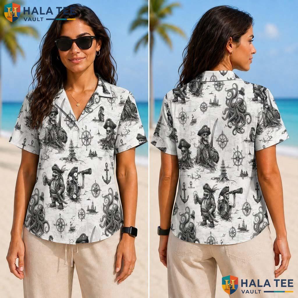 Classic Pirate Graphic Tropical Shirt Mens Button Down Nautical Design Top