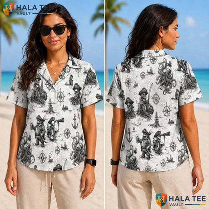 Classic Pirate Graphic Tropical Shirt Mens Button Down Nautical Design Top