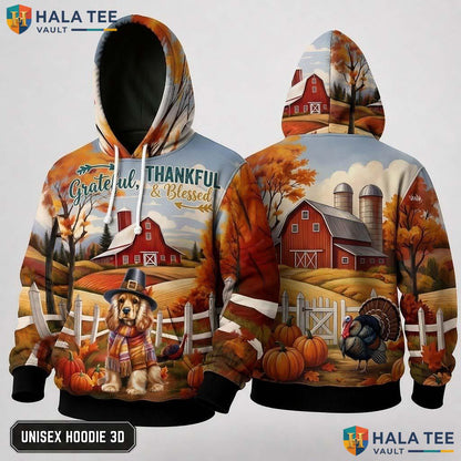 Cocker Spaniel Blessed Thanksgiving 3D Hoodie Grateful Thankful Fall